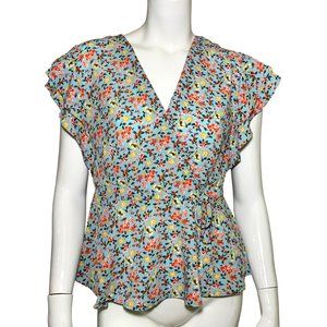 Blue Floral Print Peplum Short Sleeve Blouse